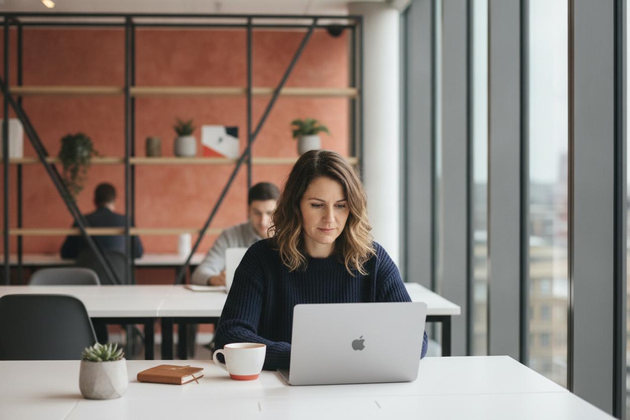 UK small business owner working on laptop in a modern co-working space